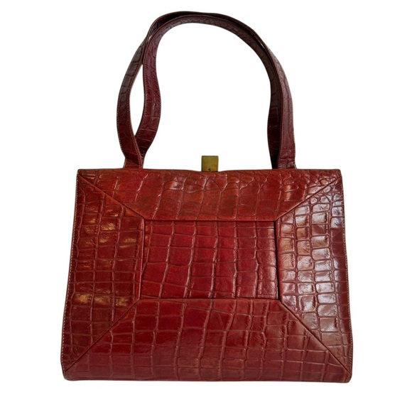 Vintage Red Leather Bag Alligator Embossed Moc Croc Kelly Style Purse Lewis 50s - Picture 1 of 15